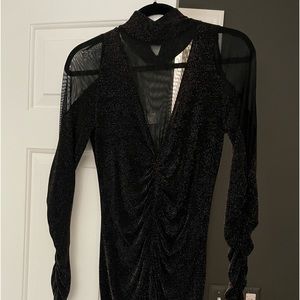 Black body con after 5 dress with gold tinsel-weave.